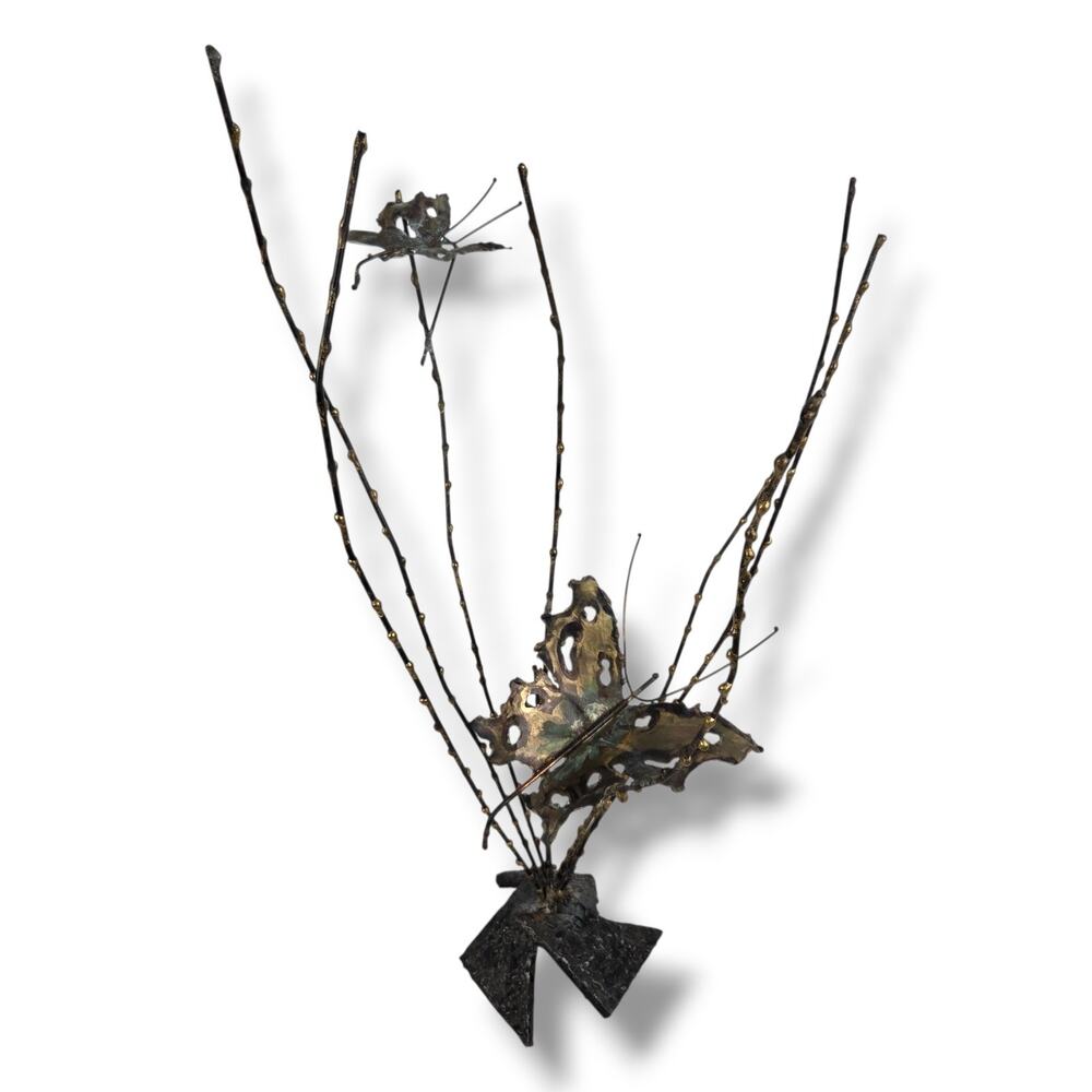 Vintage Brutalist Sculpture Torch Cut Metal Butterfly Willow Centerpiece Art